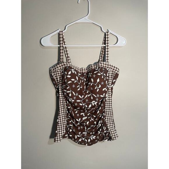 Lands End Brown Floral and Gingham Tankini Top - Picture 1 of 11